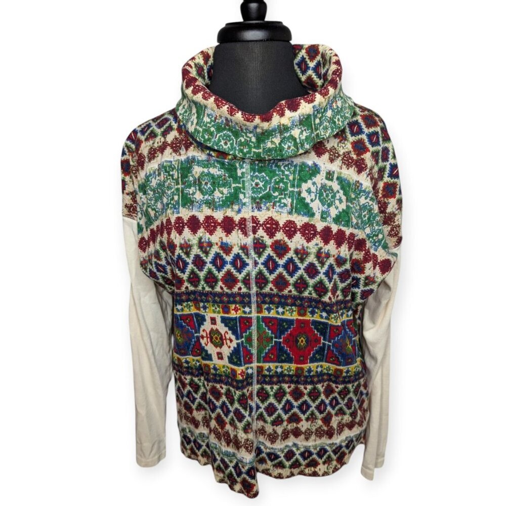 Chaps Boho Patterned Cowl Neck Long Sleeve Pullover Top- Multicolor Size XL